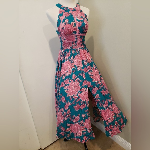 Dresses & Skirts - Floral Halter Midi Dress in Teal and Pink